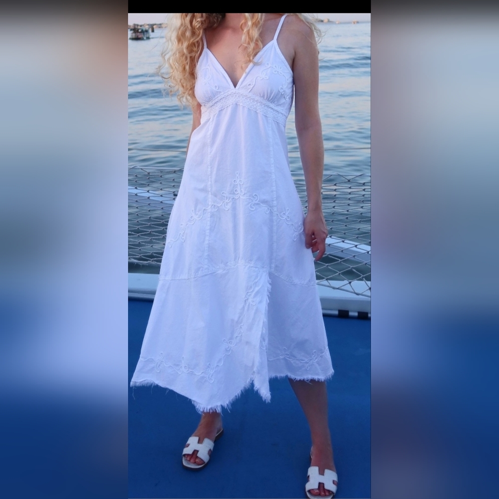 Lielle White Romantic Embroidered Midi Dress, Size Medium